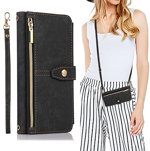 SINQERISHT Handykette Handyhülle für Huawei P20 Pro Wallet Hülle PU Leder Case mit Kartenfach Ständer und Trageband Vintage Reißverschluss Klapphülle Magnetverschluss Schutzhülle(Schwarz)