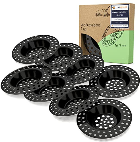 Kitchen Helpis® 8X Abflusssieb schwarz für ALLE ABFLÜSSE geeignet | Extra schwer -14g-, kein Hochschwemmen, aus rostfreiem SS304 Edelstahl, schnell ablaufend, Sieb für Spülbecken oder Haarsieb