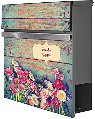 banjado® Briefkasten personalisiert Anthrazit mit Motiv Blumenpfücken/Briefkasten mit Zeitungsfach 37x37x10,5 cm/Postkasten A4 Einwurf inkl. Montagematerial & 2 Schlüsseln