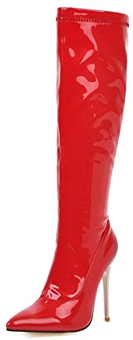 Bviennic Donna Appuntito Vernice Stivali Alti Zip Laterale Uomini Festa Tacco A Spillo Moda Stivali Equitazione Sposa Rosso Numero 43 EU-45Cn