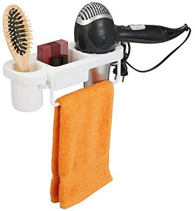 Relaxdays Hairdryer Without Drilling, Plastic, Cable Holder & Shelves, Wall, HxWxD 9x30x10,5 cm, White, 9x30x10.5 cm | With cable holder and shelves, hair dryer holder wall, H x D: 9 x 30 x 10.5 cm