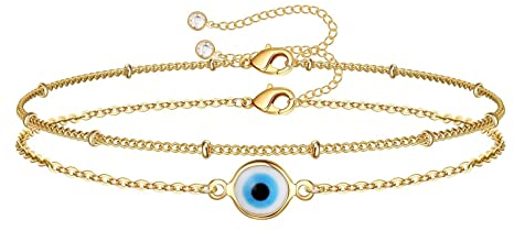 TINGN Böser Blick Armband für Frauen, 14 Karat Gold Gefüllt Handgefertigt Geschichtet Büroklammer Kettenarmband Perlenkette Rund Böser Blick Armband für Frauen Schmuck (Böser Blick & Büroklammerkette)