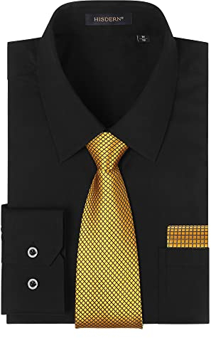HISDERN Herren Hemd Schwarz Langarm mit Krawatte Formelle Businesshemd Regular Fit Freizeithemd mit Tasche Hemden und Gold Krawatten Taschentuch Set XXL