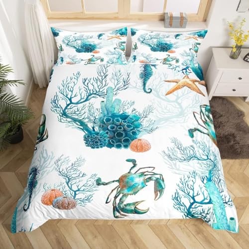 Ocean Bettwäsche-Sets für King-Size-Bett, Meerestier, Aquarell-Tier-Bettwäsche-Set, Seepferdchen, Krabbe, Bettbezug, Seestern, Koralle, Bettbezug, Kinder, Unterwasser-Thema, Schlafzimmer, Dekoration,