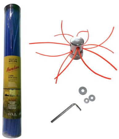 Avalon Cabezal Desbrozadora Universal Cabezal Multihilo Aluminio Profesional + Tiras de Hilo Dentado de Nylon Precortado 3 mm - 150 Unidades para Desbrozadora y Cortacésped