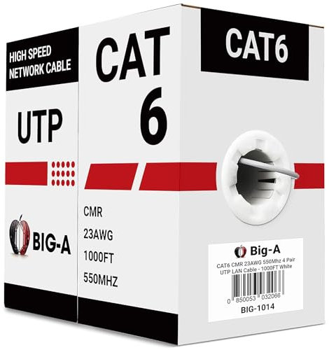 Big-A - Bulk Cat6 Ethernet Cable 1000ft 23AWG Solid 4 Pair, Cat 6 Cable Unshielded Twisted Pair (UTP), (CMR) 550MHz Internet Cable, Pull Box - White