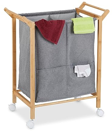Relaxdays Panier à Linge, 2 Compartiments, 80 l, Support avec roulettes, Bambou et Tissu, HLP 76x65x35 cm, Nature & Gris