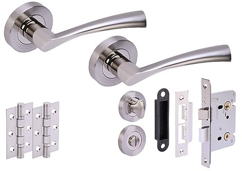HANDLEZONE® Lobo Door Handles on Rose Bathroom Lock Pack with 75mm Ball Bearing Hinges and 76mm Lock - Dual Polished/Satin Nickel
