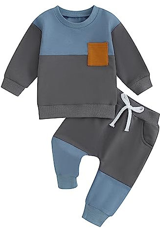 Vioyavo Completo Bambino Sportivo Invernale Top Bambino + Pantaloni Bambino con Coulisse Completo Bambino Neonato Felpa Manica Lunga Colore a Contrasto (Blu e Grigio, 2-3 Years)