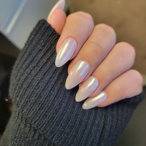 LADYING Moonlight Glitter Gel False Nails Short in 15 Sizes-30 Nail Kit,Glossy White Almond Press on Nails French Tip Pattern,Fake Nails Short,Oval Stick on Nail for Women Nail Art