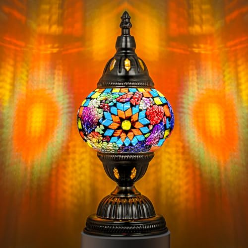 Marrakech Turkish Table Lamp with Bronze Base,Handmade Colorful Moroccan Tiffany Style Mosaic Glass Night Stand Light Fixture Including LED Bulb for Living Room Bedroom Decor (Colorful1)