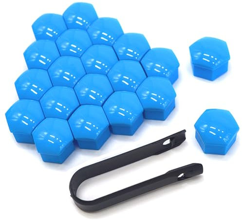 QitinDasen 20 Pièces 21 mm Voiture Roue Cache-Écrous, Bouchon à Vis de Moyeu de Voiture Universel, Cache-Écrou de Pneu Hexagonal avec Outil de Retrait (Bleu)