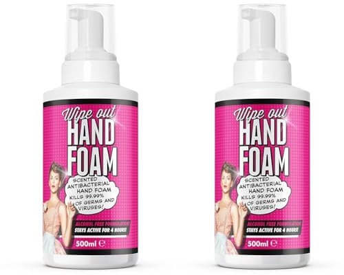 Wipeout Hand Foam with Pump | Scented Anti-Bacterial Alcohol Free Sanitiser | Kills 99.99% of Bacteria and Viruses, 500ml, Clear, FAM0631 (Pack of 2)