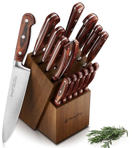 Messerset, 15 Emojoy Küchenmesser mit Block, Premium Küchenmesser mit schwerer Geflügelschere, Schärfer und 6 gezackten Steakmessern