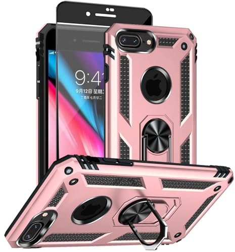 Aozuoton for iphone 8 Plus Case, iphone 7 Plus Phone Case with HD Screen Protector, [Military Grade 16ft. Drop Tested] Ring Shockproof Protective Phone Case for iphone 8/7 Plus Rose Gold