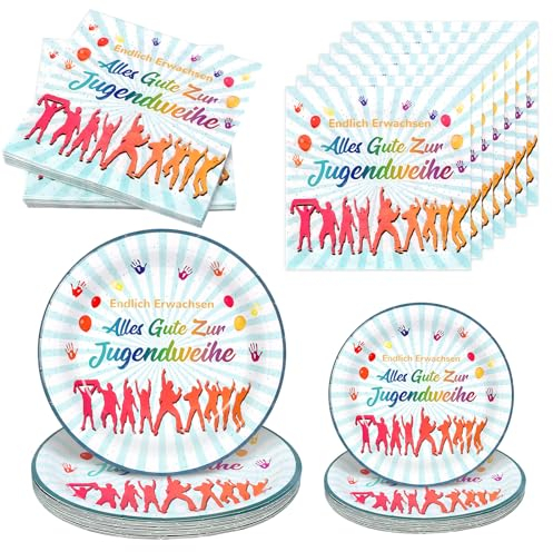 YOLOUP 80pcs Jugendweihe Geschirr Set Jugendweihe Partygeschirr Alles Gute zur Jugendweihe Servietten Endlich Erwachsen Pappteller Tischdeko für Jungen Mädchen Endlich Erwachsene Party