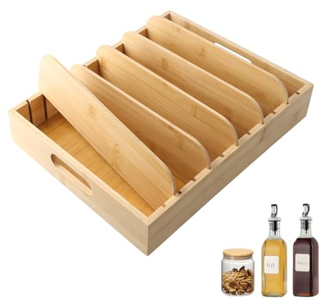 Vesaneae Organisateur de Couvercle en Bambou, Range Couvercle pour Tiroir et Placard Cuisine, Rangement et Organisation Cuisine avec 5 Séparateurs Amovibles et Poignées pour Casserole