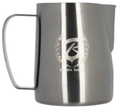 Barista Space Jarra de leche plateada pulida, ideal para latte art con boquilla precisa, ligera y manejable, recomendada por campeones del mundo, color negro plateado, 600 ml