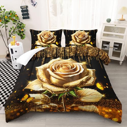 Ntlfup Rosen-Bettwäsche-Set für Mädchen und Frauen, Queen-Size-Größe, Rose, Blume, Schmetterling, Tröster, goldenes Schwarz, romantisches Steppdecke, Geschenk für Paare, Liebhaber, Raumdekoration für