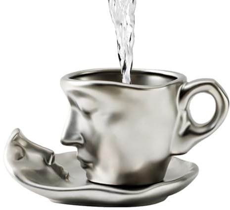 Kiss Coffee Cup with Saucer and Spoon, Unique Man Face Cup, Tea Cup and Saucer Set, Kissing Mug Set, Ceramic Cups with Saucer, 100 ml