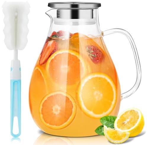 SUSTEAS 2.5 Liter 75oz Wasserkaraffe, Glaskaraffe mit Deckel und Breitem Griff, Leicht zu Reinigender Glas Karaffe für den Kühlschrank, Wasserkrug für Kaltes/Heißes Wasser, Eistee, Mit Bürste