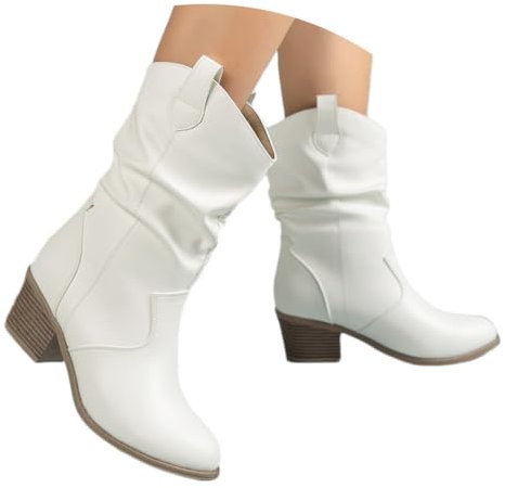 shownicer Stivaletti Corti alla Moda Pelle Scamosciata da Donna Stivali da Cowboy Autunno Inverno Moda Tacco a Blocco Stivali Corti Camoscio Stivali Casual a Tubo Medio C Bianco 39