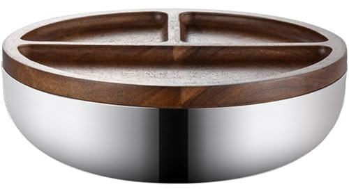 Abbdbd Divider Salad Snacks Bowl Fruit Containers Round Wooden Dessert Plate with Stainless Steel Bowl Household Nuts Wooden Plate