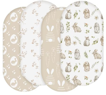 Moses Basket Sheets 82X41cm, Baby Bassinet Sheets Pram Sheet Fitted for Boy and Girl, Crib Fitted Sheets Oeko-tex100 Fit for Oval, Hourglass & Rectangle Bassinet 4 Packs Rabbit/White