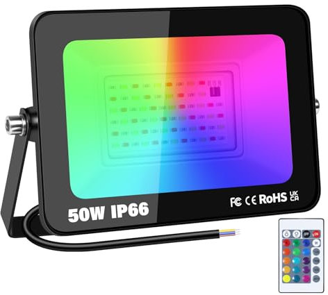 YOJZMA Proiettore LED da Esterno 50W RGB con Telecomando, 16 Colori 4 Modalità Funzione di Memoria Proiettore da Interno Esterno, Faretto LED al Neon Impermeabile IP66 per Giardino, Terrazza, Festa