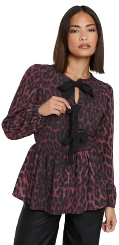 PixieGirl Petite Burgundy Red Leopard Print Tie Bow Top Petite