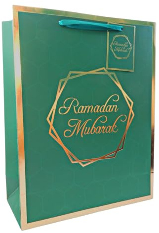 Peacock Supplies Ramadan Mubarak Gift Bag - 31cm x 25cm x 10cm | Elegant Green & Gold Colour | Matching Tag | Sturdy 300gsm Card to Hold Sweets, Treats & Presents | Great For Kids Gifting