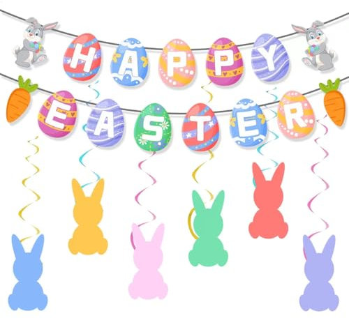 Osterdeko Osterhasen Banner,Wabenpapier Ostern Deko,Frohe Ostern Deko,Ostern Dekoration,Osterdeko Modern,Ostern Deko Set,Hasen Girlande,Spiral Girlanden Bunt,Easter Party Dekoration für Kinder Party