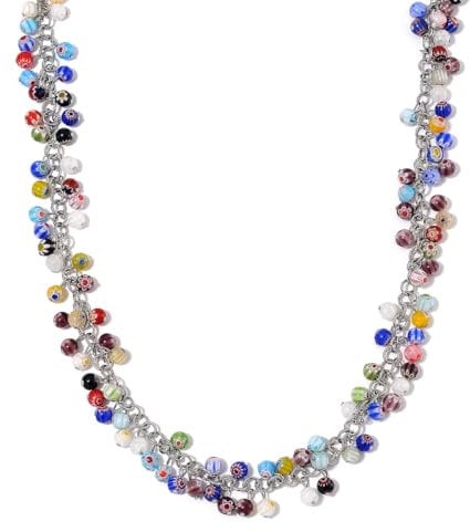 Multi-Color Murano Style Glass Bead Necklace – Pure White Stainless Steel – 20 Inches with 2-Inch Extender – 150 Handcrafted Murano Beads – Lobster Clasp – Colorful Statement Jewelry for Women