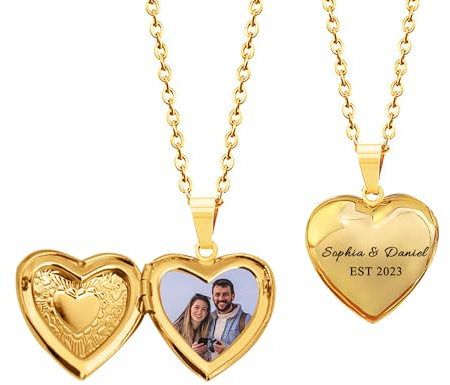 GBTROEY Heart Locket Necklace with Picture Inside Personalized Photo Lockets Engraved Text Picture Pendant Necklace Jewelry Gift for Girls Women