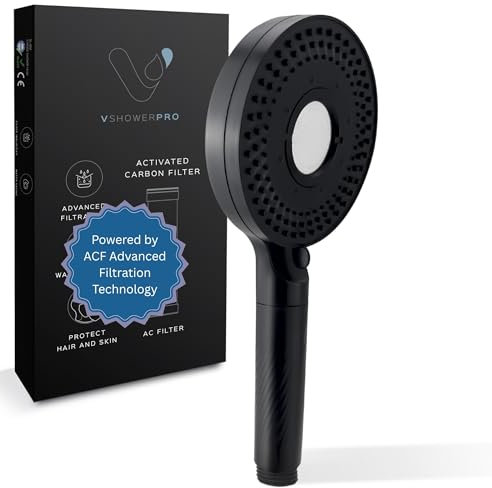 Vshower Pro Filtered Shower Head for Hard Water –Removes Chlorine, High Pressure Showerhead with 5 Spray Modes – Reduce Dry Skin & Hair Damage – Water Softening-Easy Install (Black)