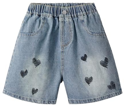 Rolanko Shorts en Jean pour Filles Taille Élastiquée Été Déchirés Jeans Courts avec Poches pour Enfants, Coeur de Broderie, Taille: 13-14 Ans, 170
