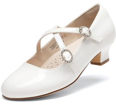 DREAM PAIRS Girls Dress Shoes Mary Jane High Heel Round Toe Straps Pumps Flower Wedding Party Princess Flats for Little/Big Kids,Size 1 Big Kid,White,KKUMFA2510