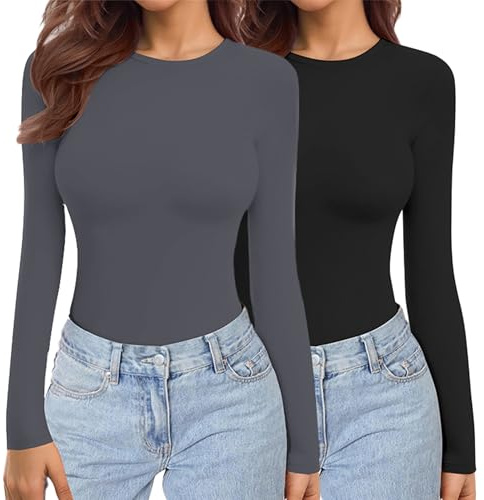 Ekouaer Womens 2 Pack Long Sleeve Tops Crew Neck Shirts Thermal Tops Stretch Fitted Underscrubs Layer Tee Black + Dark Grey XL