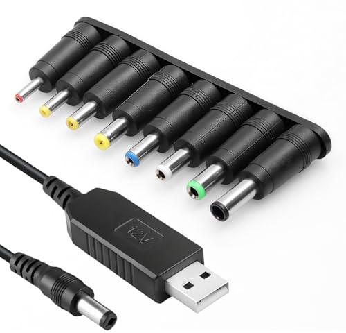 UIHRLM USB to DC Power Cable, 1m Universal USB to DC 12V Charging Cable with 8 Connectors, USB2.0 to DC 5.5mm X 2.1mm Plug Adapter for Laptops, Router, Keyboard, Optical Modem, Speakers