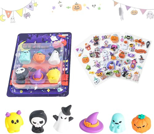 Radiergummi Kinder,Halloween Mini Radiergummis,Niedlicher Geist,Kürbis,Totenkopf,Halloween Radiergummis mit Aufklebern,für Lehrer,Halloween Party Geschenke,Schule,Büro,Kinder Belohnungsgeschenk