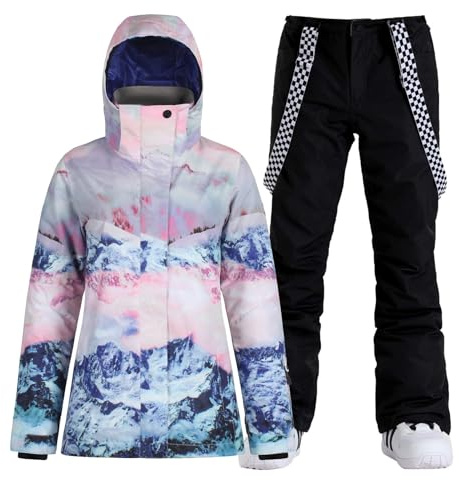 GSOU SNOW Ensemble Veste et Pantalon de Ski pour Femme, Combinaison de Ski 2 Pièces, à Capuche Imperméable Coupe-vent Respirant Chaud Isolé