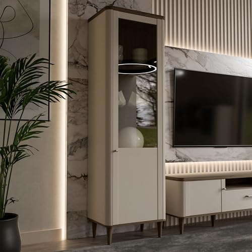 Forte LACETTI Vitrine 60, Moderne Wohnzimmervitrine mit Skandi Lamellen Design, 1-türig, Holzwerkstoff, Kaschmir | Beige mit Valencia Eiche Holzdekor, 60,4 cm breit x 200,5 cm hoch x 41,2 cm tief