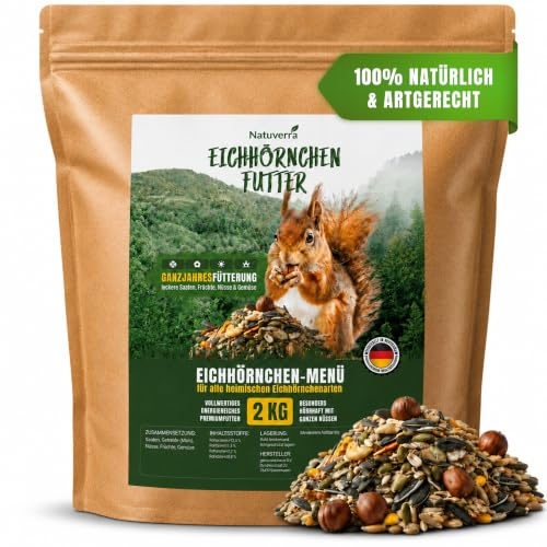 Natuverra Menu écureuil 2 kg Mélange de graines, céréales, noix, fruits et légumes, protéines et énergiques, nourriture toute l'année pour écureuils et tamias, refermable