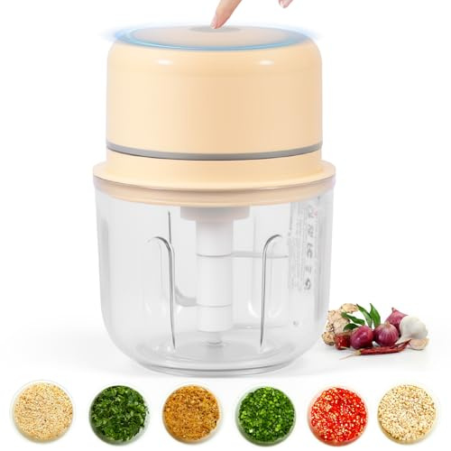Electric Garlic Chopper 450ml, USB Rechargeable Mini Food Processor | Triple Stainless Steel Blades, One-Touch Operation, Compact Chopper for Garlic, Onion, Herbs, Beige