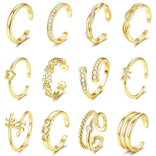 Krfy 12 Stück 14k Gold Gefüllte Zehenringe Für Damen Offene Verstellbare Zehenringe Set Mit Blume Herz Schleife CZ Dreireihige Wasserfest Fußschmuck Für Sommer Und Strand