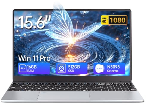 15,6 Notebook, Win 11 PC Portatile 16GB RAM 512GB SSD, Celeron N5095 CPU, 180° Opening and Closing Schermo, Laptop Digitale Tastiera Retroilluminata+Sblocco Impronta Digitale, Mini HDMI+USB 3.0
