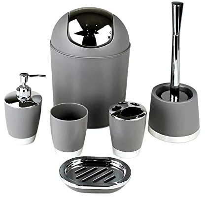 6tlg Badset Badezimmer Zubehör Set Organizer: Seifenspender, Zahnputzbecher, Kosmetikeimer, WC Bürste und Halter, Seifenschale, Mülleimer, Zahnbürstenhalter, Badgarnitur (Grau Dunkel Design 1)