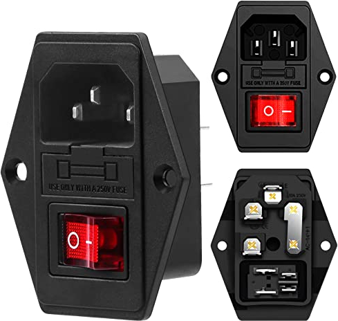 QLOUNI Spinotto Adattatore Spina Maschio 3pz Modulo Interruttore Modulo Ingresso Maschio Presa di Corrente con Fusibile Interruttore, Inlet modulo Spina Interruttore a 3 Pin IEC320 C14,10A 250V