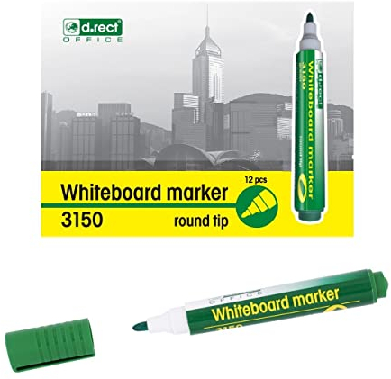 D.RECT 3150 Whiteboard Marker für Whiteboards und Flipcharts, abwischbar Glasboard Marker Rundspitze Grün 12 Stück