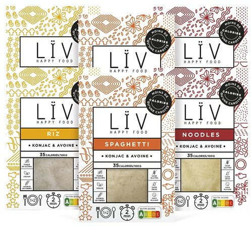 LÏV Happy Food - Riz, Noodles et Pâte de konjac - Konjac - Vegan, Gluten Free, Faible en calorie - Box de 6 paquets x 200g (Box Découverte)
